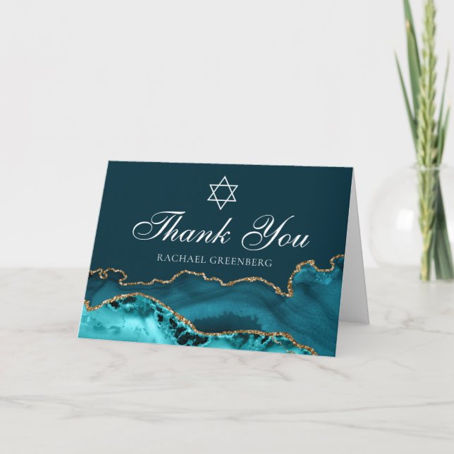 Chic Teal Guld Agate Personlig Bat mitzvah Tack Kort (Framsida)