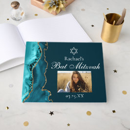 Chic Teal Guld Agate Pub Mitzvah Party Photo Gästböcker