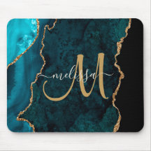Chic Teal Guld Agate Script Anpassningsbar Monogra