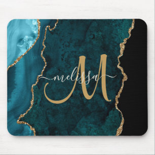 Chic Teal Guld Agate Script Anpassningsbar Monogra Musmatta