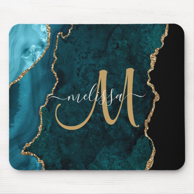 Chic Teal Guld Agate Script Anpassningsbar Monogra Musmatta (Framsidan)