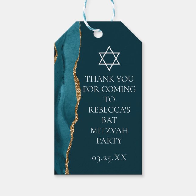 Chic Teal Guld Bat mitzvah Personlig Party Presentetikett (Framsidan)