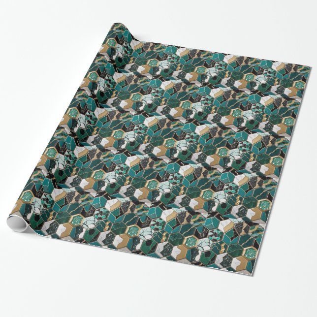 Chic Teal, Guld & Black Geometric Marble Presentpapper (Utrullad)