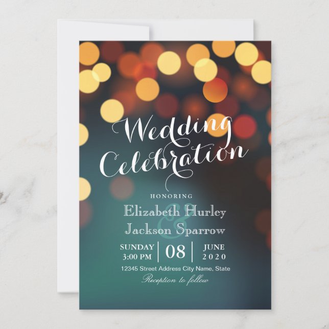 Chic Teal Guld Bokeh Glitter String Ljus Bröllop Inbjudningar (Framsida)
