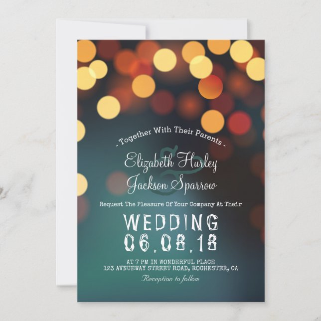 Chic Teal Guld Bokeh Glitter String Ljus Bröllop Inbjudningar (Framsida)