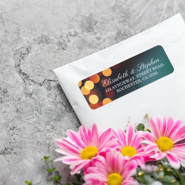 Chic Teal Guld Bokeh Glitter String Ljus Bröllop Returadress Etikett (Skapare uppladdad)