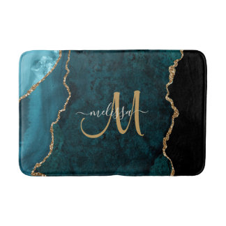 Chic Teal Guld Glitter Agate Anpassningsbar Monogr Badrumsmatta
