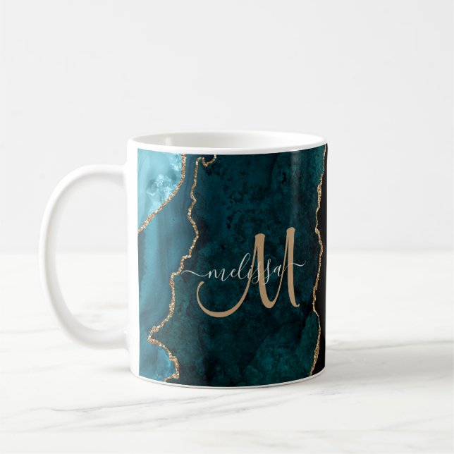 Chic Teal Guld Glitter Agate Anpassningsbar Monogr Kaffemugg (Vänster)