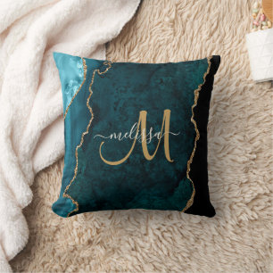 Chic Teal Guld Glitter Agate Anpassningsbar Monogr Kudde