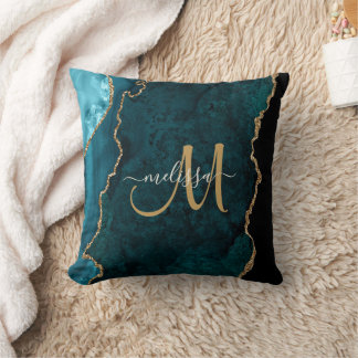 Chic Teal Guld Glitter Agate Anpassningsbar Monogr Kudde