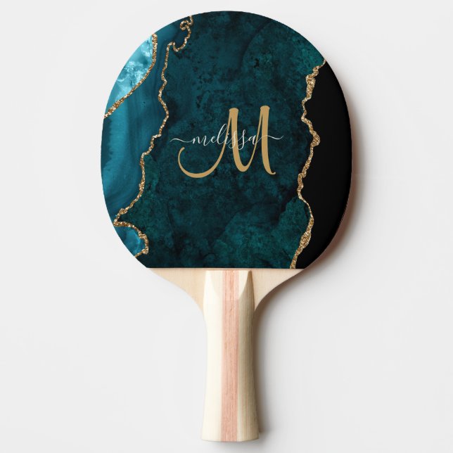 Chic Teal Guld Glitter Agate Anpassningsbar Monogr Pingisracket (Framsidan)