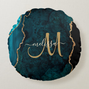 Chic Teal Guld Glitter Agate Anpassningsbar Monogr Rund Kudde