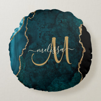 Chic Teal Guld Glitter Agate Anpassningsbar Monogr Rund Kudde