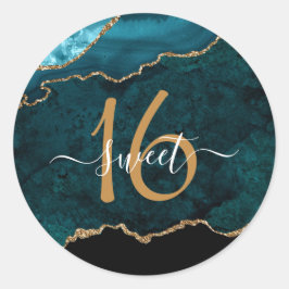 Chic Teal Guld Glitter Agate Anpassningsbar Monogr Runt Klistermärke