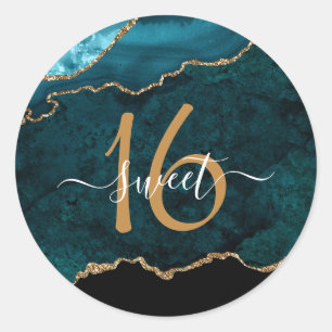 Chic Teal Guld Glitter Agate Anpassningsbar Monogr Runt Klistermärke