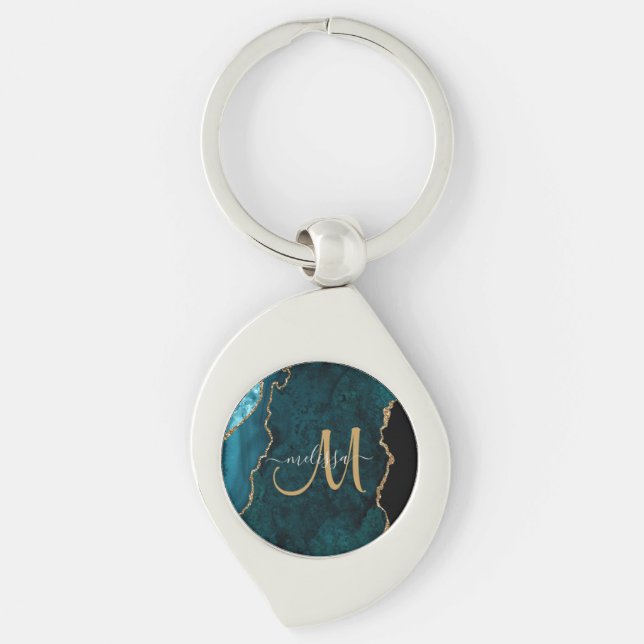Chic Teal Guld Glitter Agate Anpassningsbar Monogr Swirl Silverfärgad Nyckelring (Framsidan)