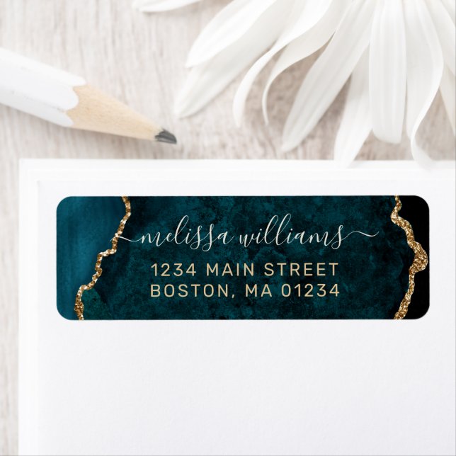 Chic Teal Guld Glitter Agate Monogram Adress Returadress Etikett (Insitu)