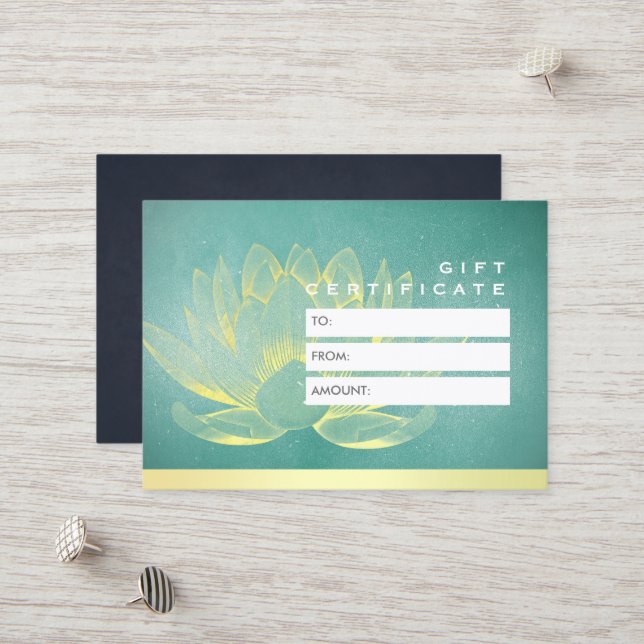Chic Teal Guld Lotus YOGA Studio Gift-certifikat Rabattkort (Fram/Back In Situ)