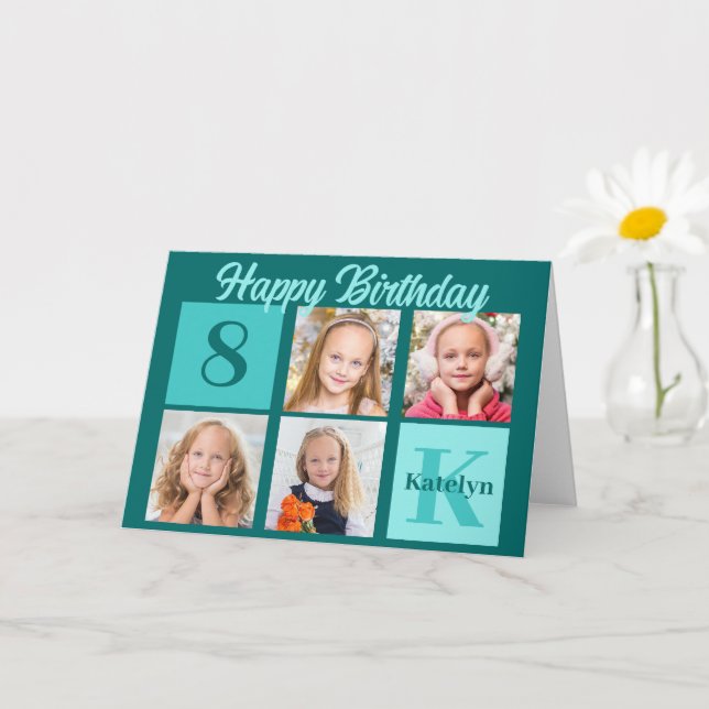 Chic Teal Happy Birthday Custom Photo Collage Kort (Liten växt)
