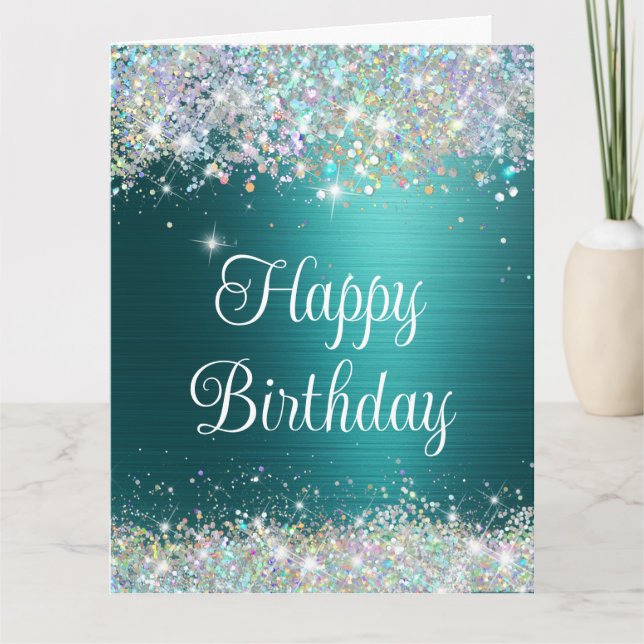 Chic Teal HoloGraph Faux Glitter Grattis på födels Kort (Framsida)