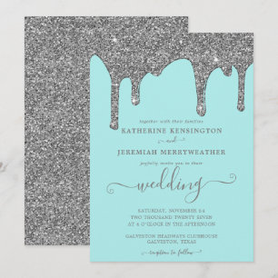 Chic Teal och Silver Glitter driver Bröllop Inbjudningar