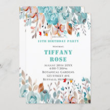 Chic Teal Peony 13:e Födelsedagsfesten Inbjudnings