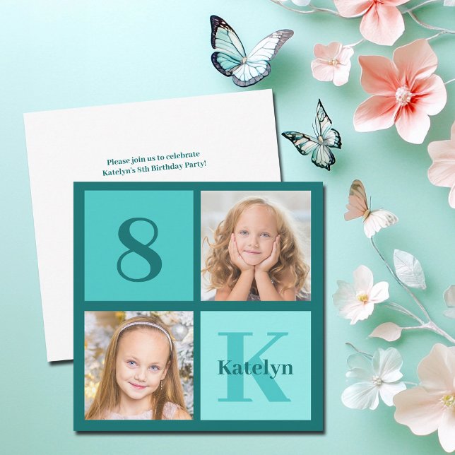 Chic Teal Photo Collage Custom Birthday Party Inbjudningar (Skapare uppladdad)