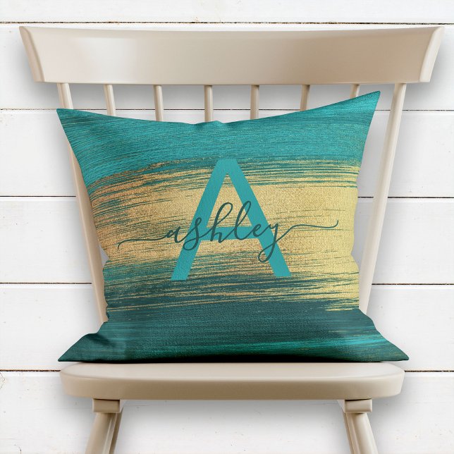 Chic Teal & Ro Gold Foil Namn Monogram Kudde (Skapare uppladdad)