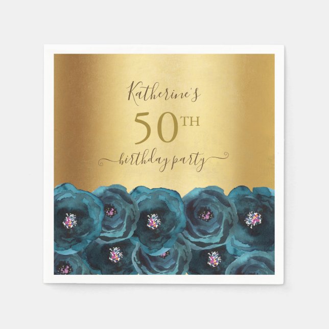 Chic Teal Rose Floral Gold 50th Birthday Party Pappersservett (Framsidan)