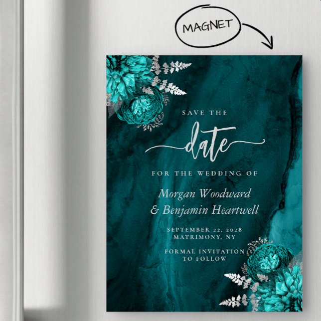 Chic Teal Silver Blommigt Bröllop spara datum Magnetisk Inbjudningskort (Skapare uppladdad)