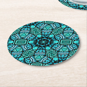 Chic Teal Turcos Retro Oriental Mosaic Mönster Underlägg Papper Rund
