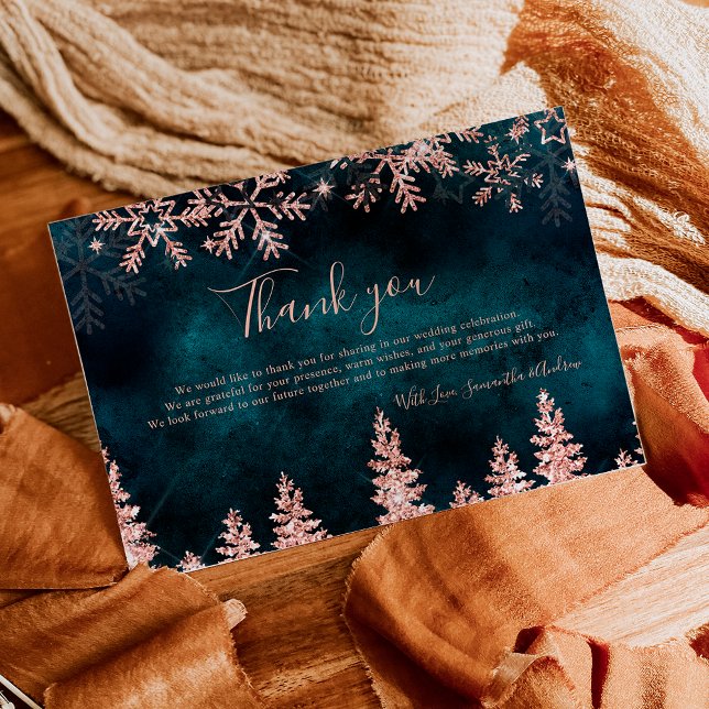 Chic teal vinter roséguld snö tall bröllop tack kort (Chic teal Winter rose gold snow pine wedding Thank You Card)