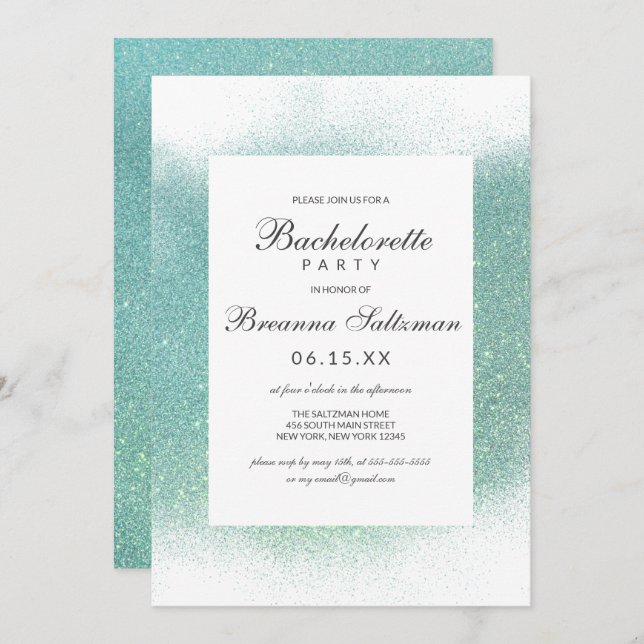 Chic Teal White Glitter Dust Gräns Bachelorette Inbjudningar (Fram/baksida)