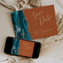 Chic Tealblå Guld Agat Bränd Orange Spara Datum Inbjudningar