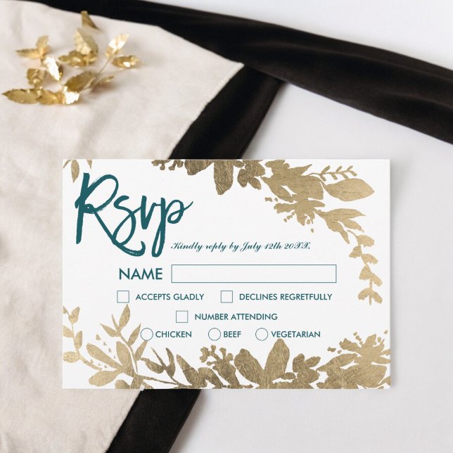 Chic tealmanus Blommigt guld löv osa bröllop Inbjudningar (Chic teal script Floral gold leaf rsvp wedding Invitation)