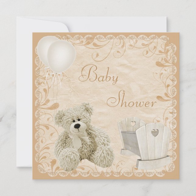 Chic Teddy & Crib Neutralt Baby Shower Inbjudningar (Framsida)