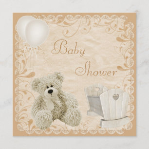 Chic Teddy & Crib Neutralt Baby Shower Inbjudningar