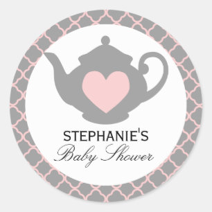 Chic Tekanna Rosa + Grått Baby Shower Tea Sticker Runt Klistermärke