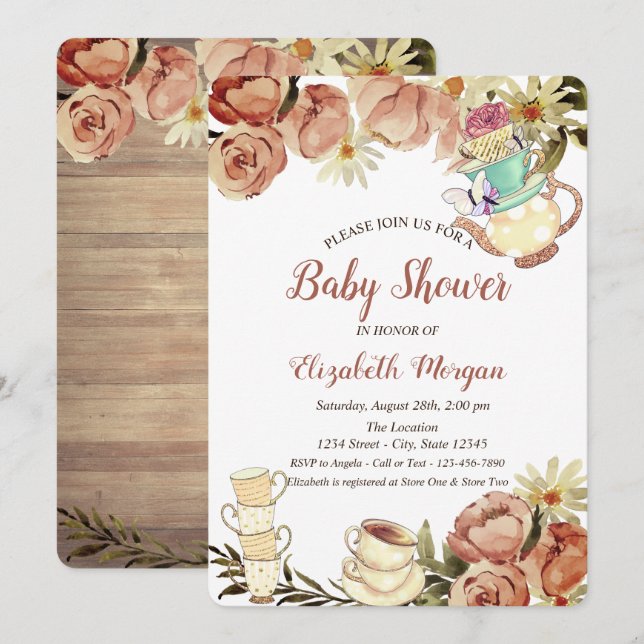 Chic Tekanna Tea kopp Flowers Wood Baby Shower Inbjudningar (Fram/baksida)
