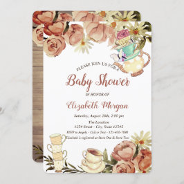Chic Tekanna Tea kopp Flowers Wood Baby Shower Inbjudningar