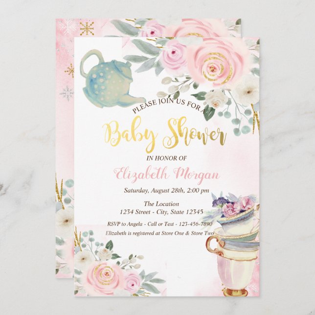 Chic Tekanna Tea kopp Rosa Flowers Baby Shower Inbjudningar (Fram/baksida)