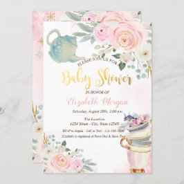 Chic Tekanna Tea kopp Rosa Flowers Baby Shower Inbjudningar