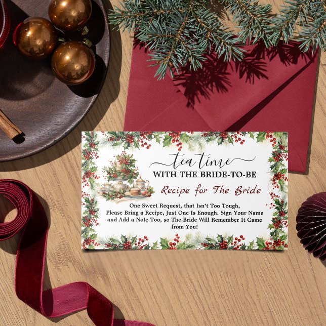 Chic Tekjutt Jul Bröllopsdusch Recept Tilläggskort (Chic Time for Tea Christmas Bridal Shower Recipe Enclosure Card holiday holly berries pine leaves )