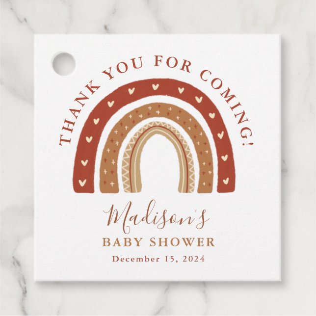Chic Terracotta Boho Rainbow Baby Shower Tack Gåvor Etiketter (Framsida)
