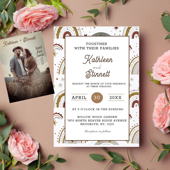 Chic Terracotta Bold Bright Boho Rainbow bröllop Inbjudningar (This wedding invitation is a rainbow of boho beauty, with terracotta colors and a modern design.)