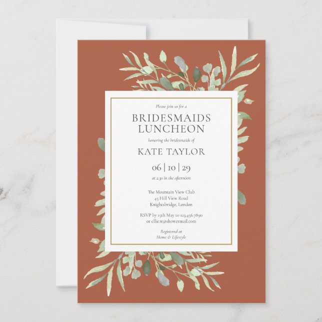 Chic Terracotta Guld Greenery Bridesmaids Luncheon Inbjudningar (Framsida)