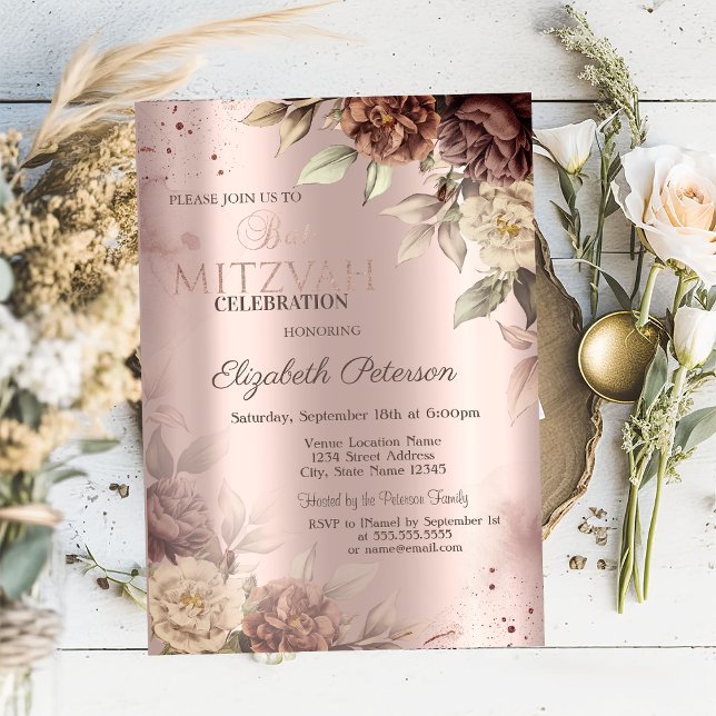 Chic Terracotta Rosor Ro Guld Bat mitzvah Inbjudningar (Skapare uppladdad)