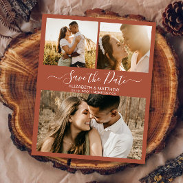 Chic Terracotta Script Photo Collage Spara datum Meddelande Vykort