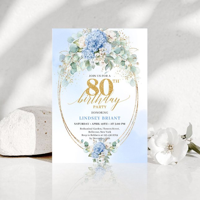 Chic Tidlös Blå Hortensia Blommig 80-årsdag Inbjudningar (Chic Timeless Blue Hydrangea Floral 80th Birthday Invitation )