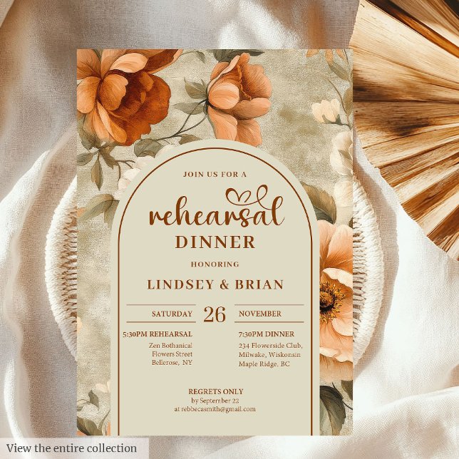 Chic Tidlös Koppar Beige Oliv Blommig Repetition Inbjudningar (Timeless Copper Beige Olive Floral Rehearsal Invitation)